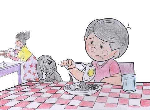 O Menino Em Sua Refeição Com Ovos Fritos